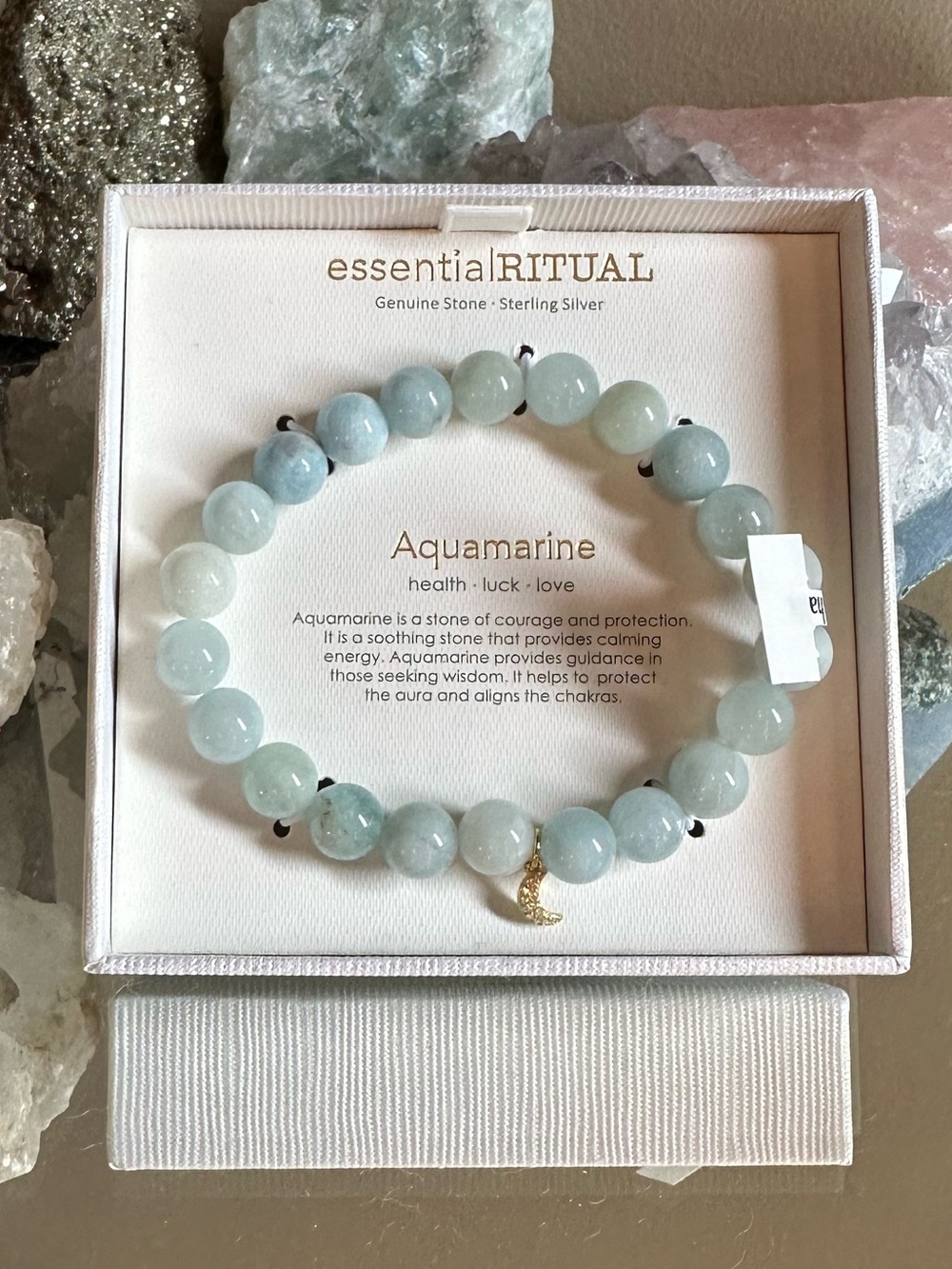 essential Ritual Aquamarine Beaded Bracelet with Gold Charm